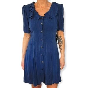 Ruffle Collar Navy Midi Dress with Button Front